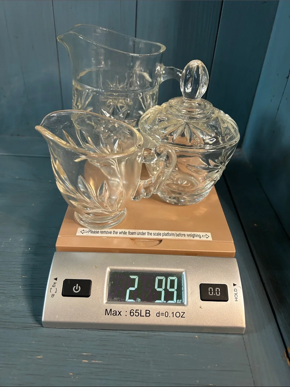 Clear Pressed Glass Pitcher, Sugar Bowl and Creamer Set - Elegant Cut Pattern